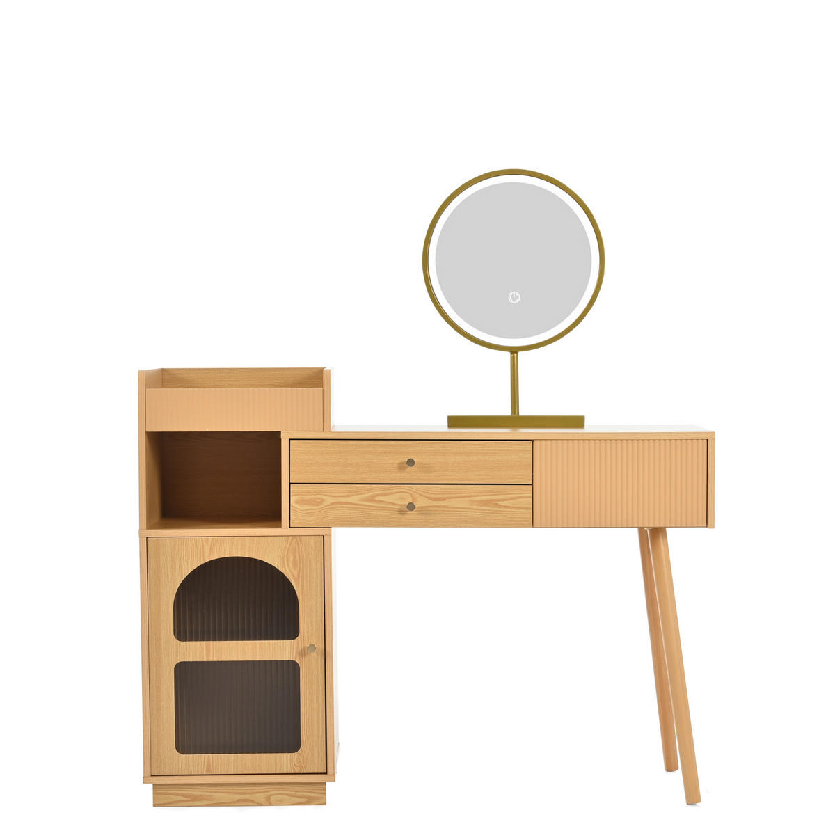 SCHMINKTISCH 120/40/90 cm mit LED-Spiegel, 3-farbiger Beleuchtung und Seitenschrank, Natur - Naturfarben, Holzwerkstoff (90/40/120cm) - Redom