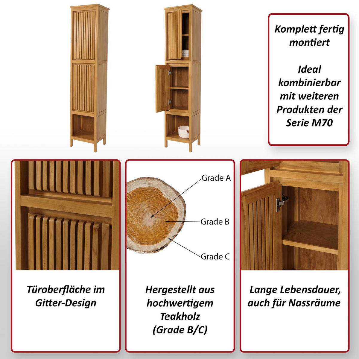 TEAK-HOCHSCHRANK Braun - Braun, Holz (41/181/35cm) - MCW