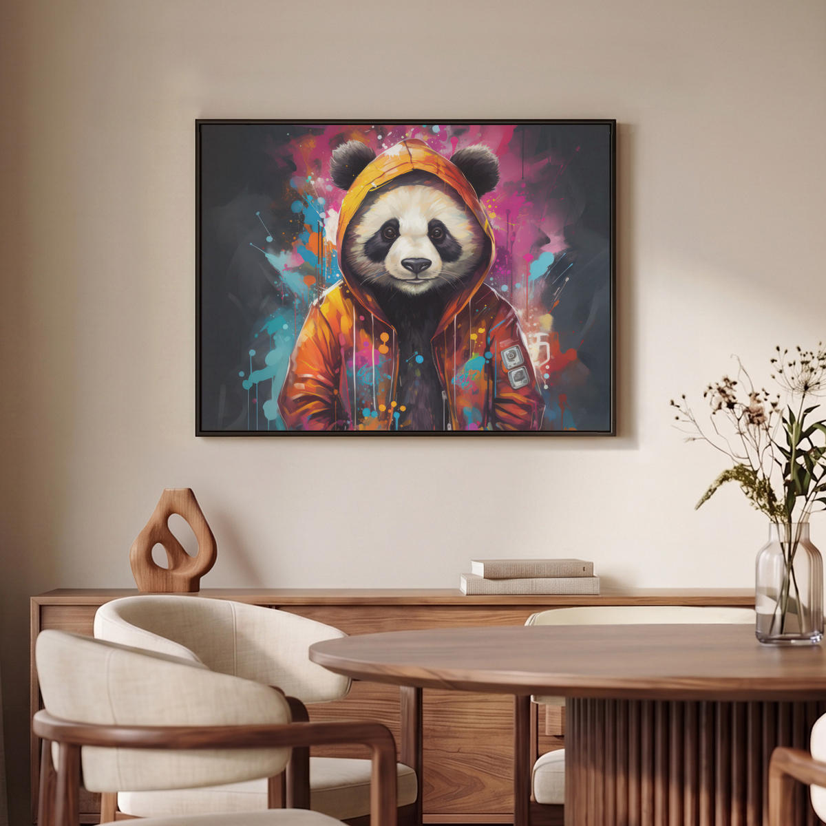 LEINWAND Bilder mit Rahmen - Panda - Jacke - Graffiti - Orange - 70x50 - Orange, Textil (70/50cm) - MuchoWow
