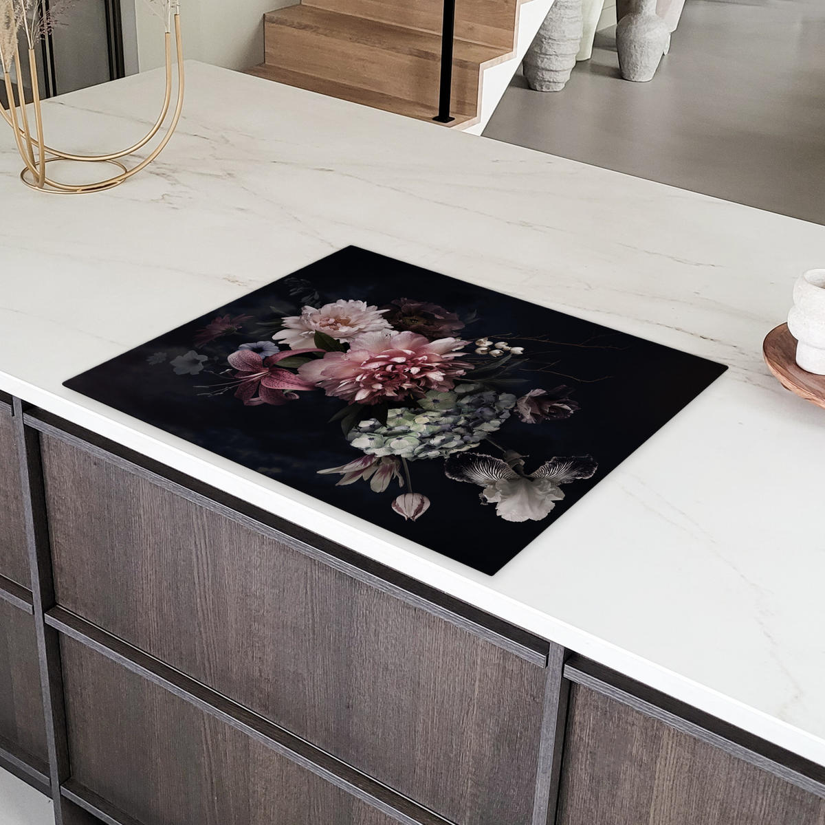 HERDABDECKPLATTE Blumen - Vintage - Pastell - Rosa - Weiß Induktionsmatte 77x59 cm - Altrosa, Kunststoff (77/59/0.2cm) - MuchoWow