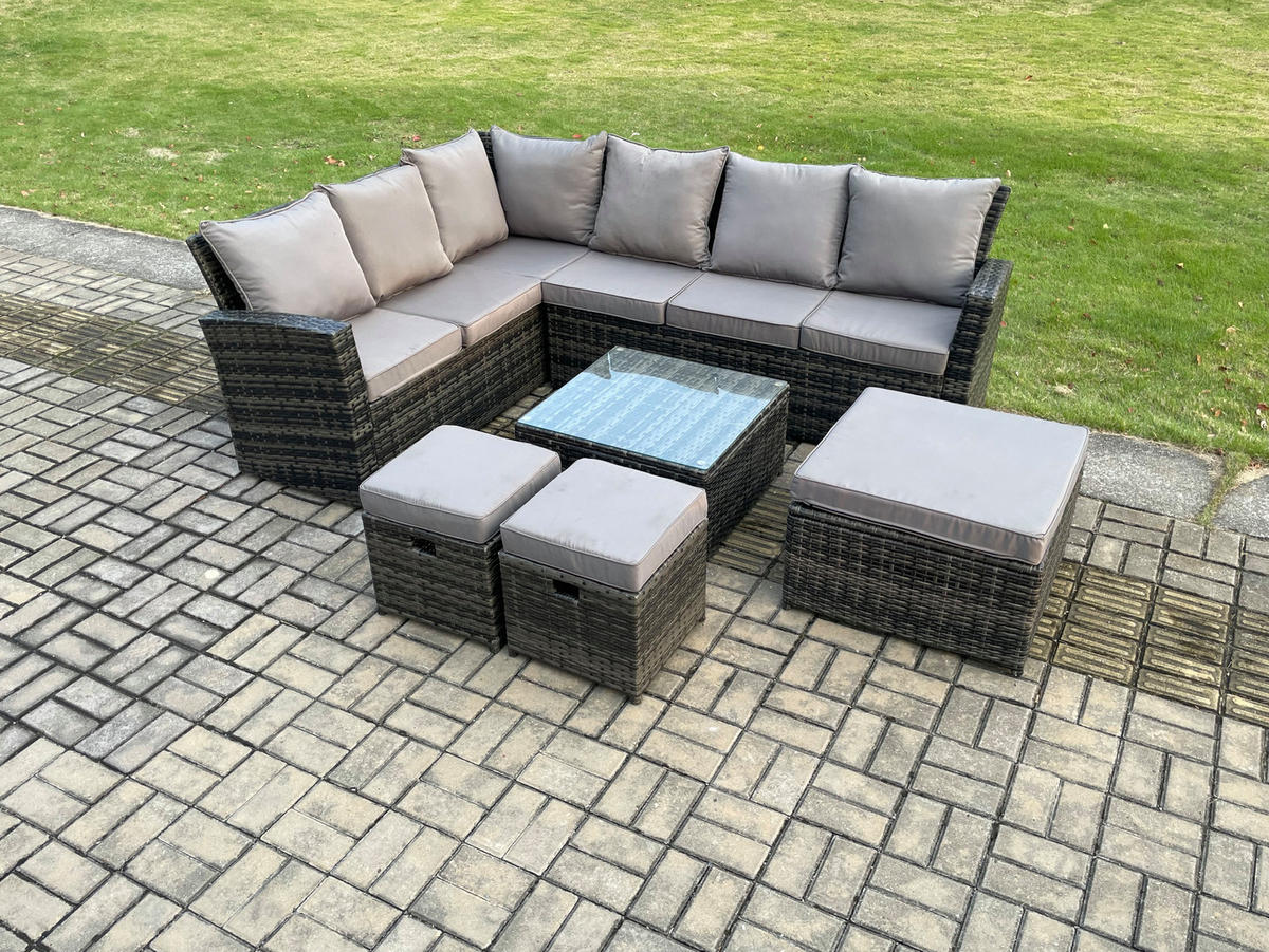BALKONMÖBEL-SETS mit Ecksofa,Quadratischer Couchtisch,2 Sesseln Polyrattan Dunkelgrau 9-Sitzer - Dunkelgrau/Grau, Glas/Kunststoff - Fimous