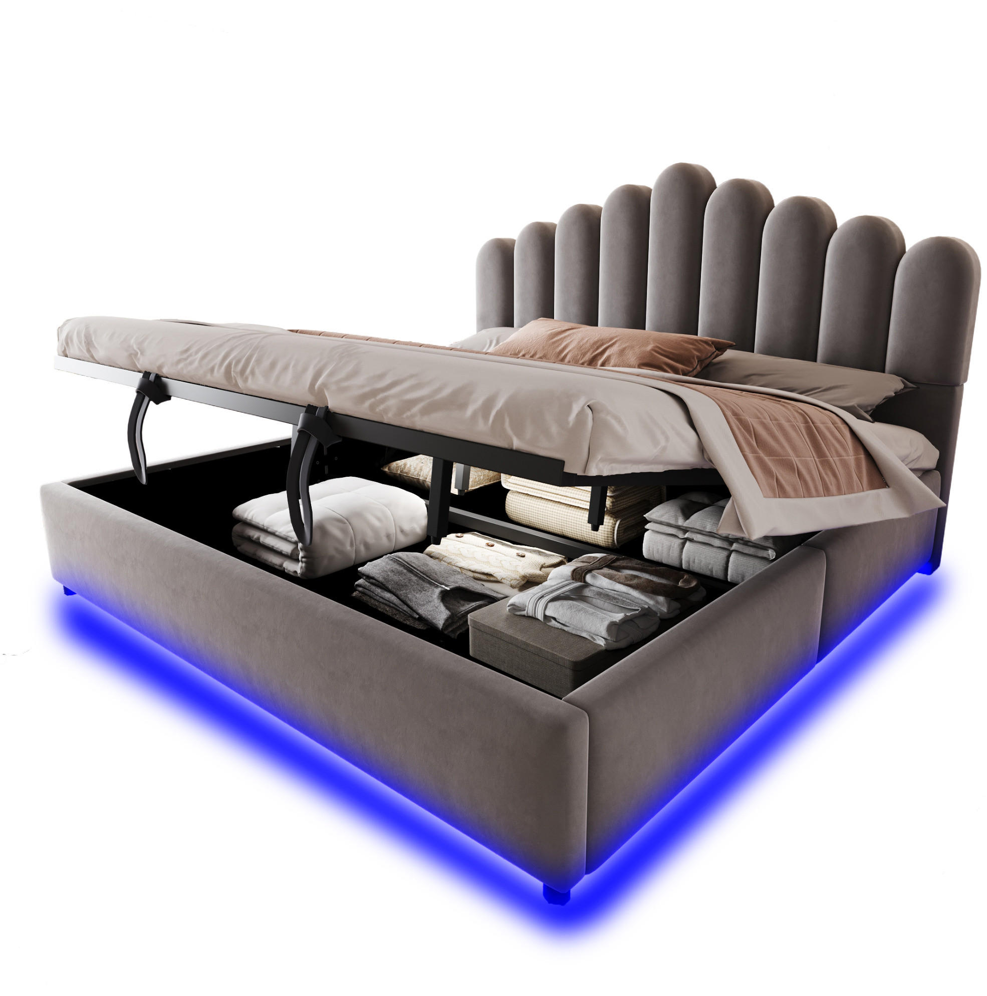 POLSTERBETT 180/200 cm aus Samt mit Stauraum und LED-Lichtleiste, Grau - Grau, Textil (180/200cm) - OKMYHOME