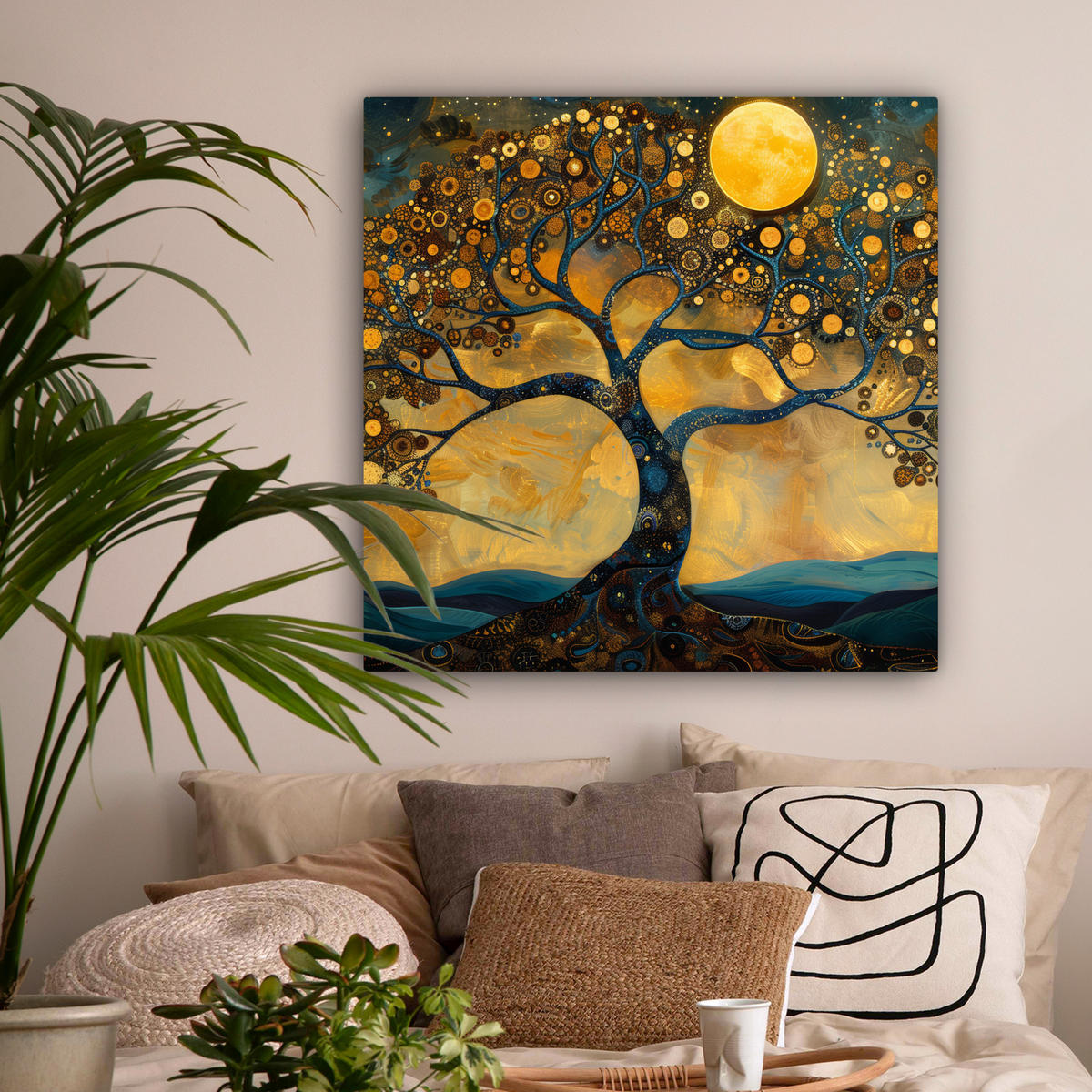 LEINWANDBILD Baum - Mond - Blumen - Gold - Kunst Deko Groß 90x90 cm - Orange, Textil (90/90cm) - MuchoWow