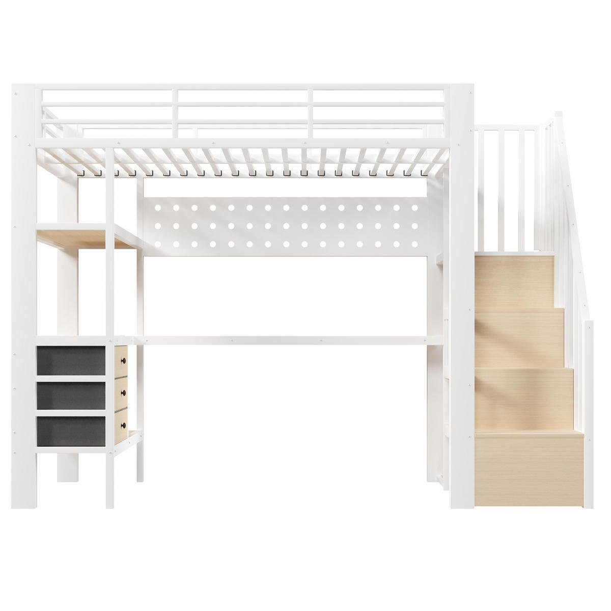 HOCHBETT 90/200 cm aus Metall und MDF mit Schreibtisch, Schubladen, Lochwand, Steckdose und LED, Weiß - Weiß, Holzwerkstoff (90/200cm) - Redom