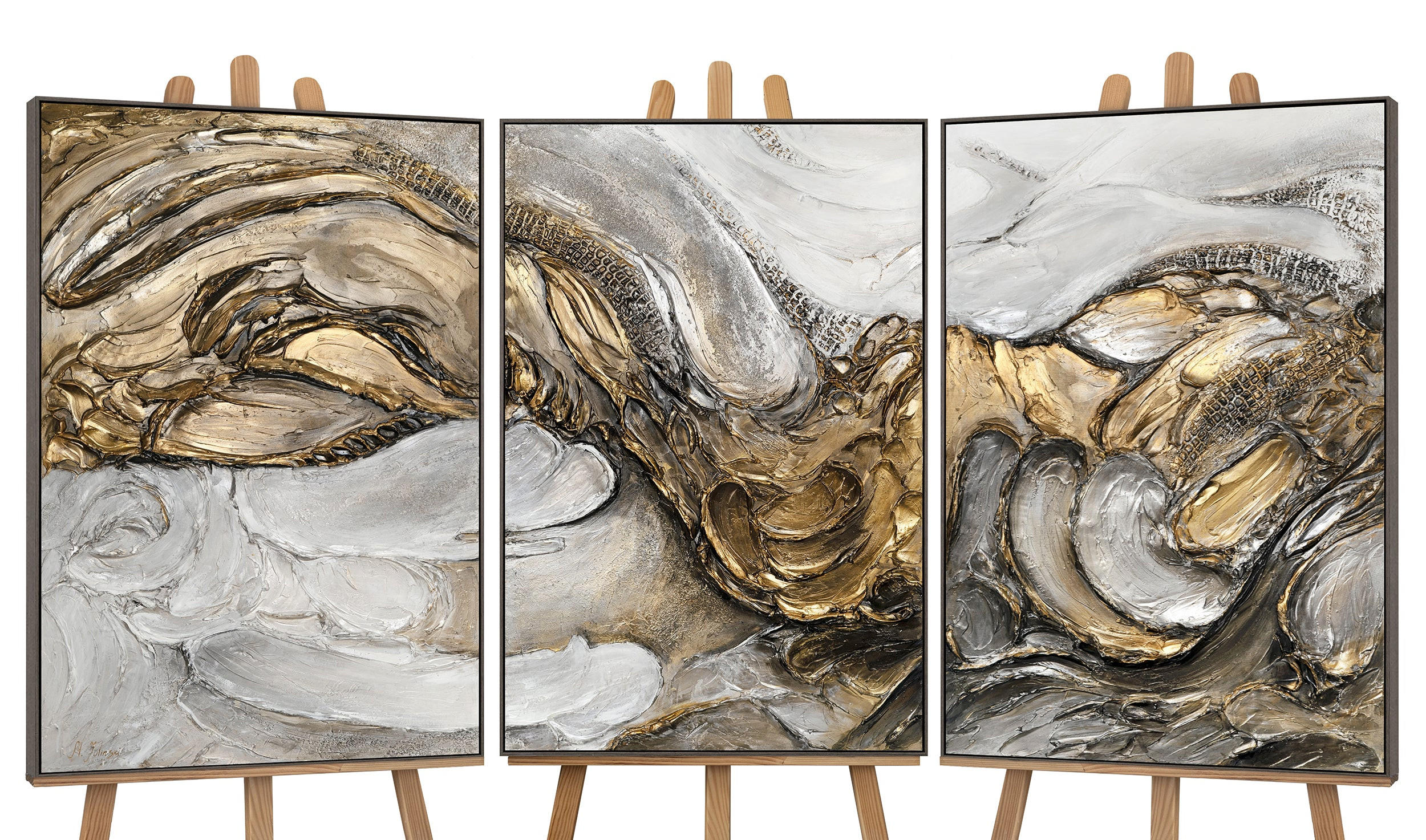 GEMÄLDE Tsunami Schattenfugenrahmen Grau 300x140 cm 3-teilig - Grau, Holz (300/140cm) - YS-art gallery