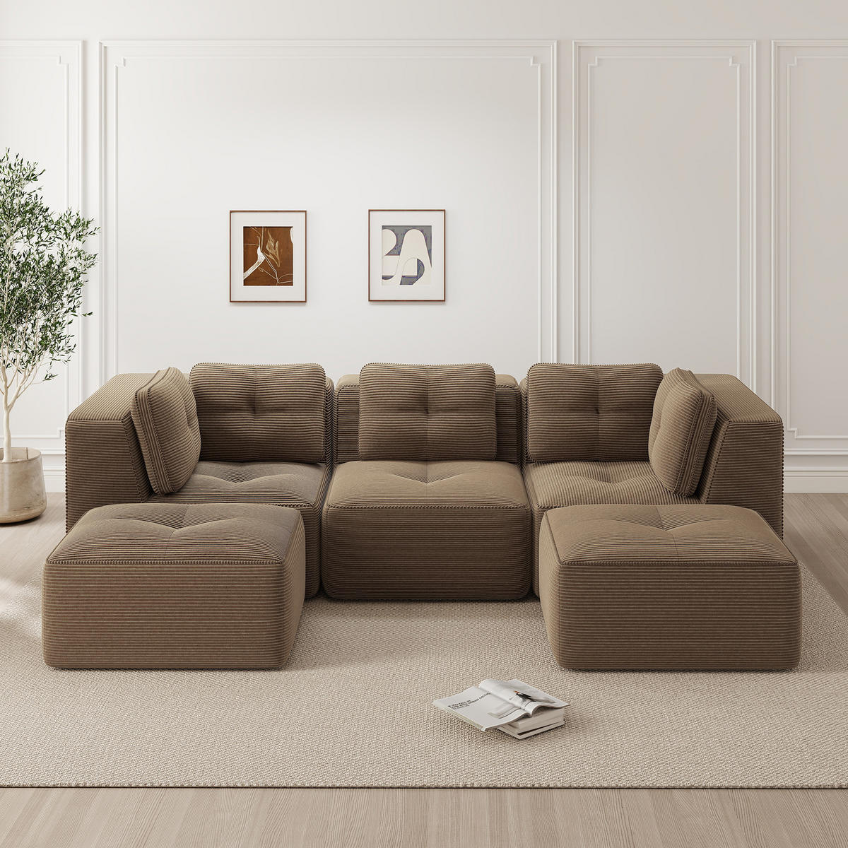3-SITZER Sofa 297×177×69 cm Cordstoff rahmenlos modular mit 2 Ottomanes, braun - Braun, Textil (177/69/297cm)