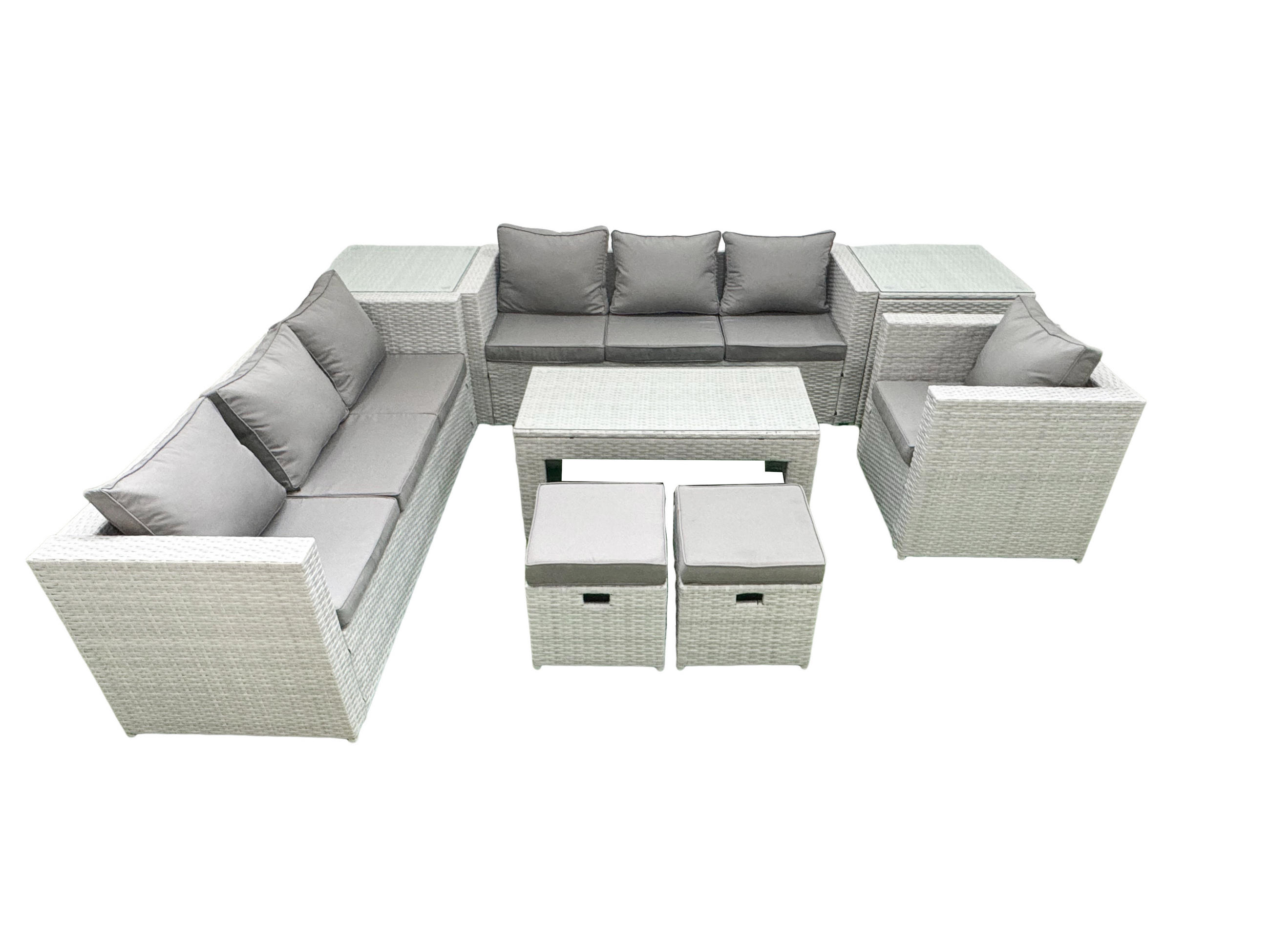 GARTENSOFA hohe Rückenlehne Polyrattan Hellgrau-Mix 9-Sitzer - Hellgrau/Grau, Glas/Kunststoff - Fimous