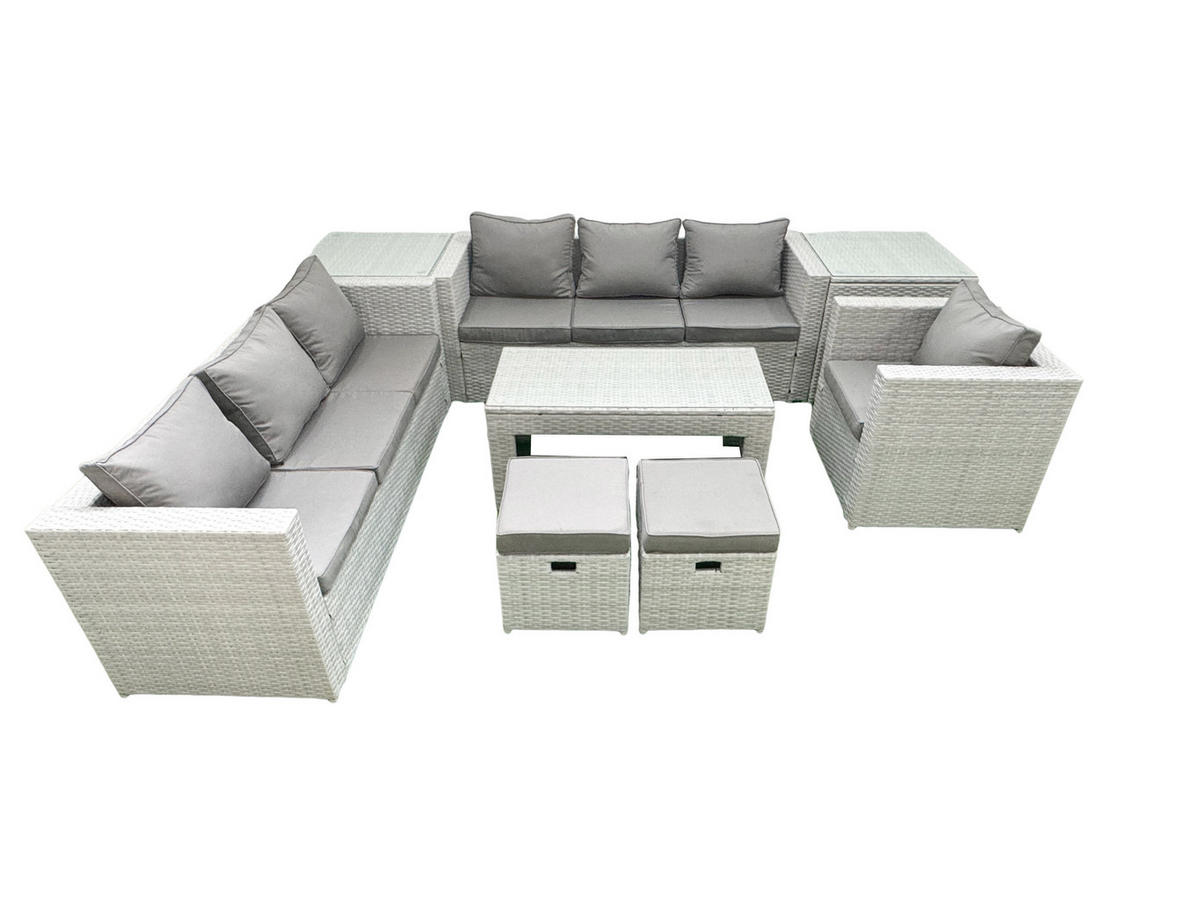 GARTENSOFA hohe Rückenlehne Polyrattan Hellgrau-Mix 9-Sitzer - Hellgrau/Grau, Glas/Kunststoff - Fimous