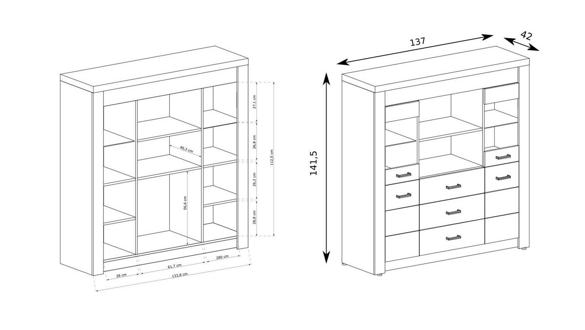 KOMMODE ZERI 137/141,5/42cm mit 3 Schubladen 4 Türen Eiche Bianco - Eiche Bianco, Holzwerkstoff (137/141.5/42cm) - MASSENO