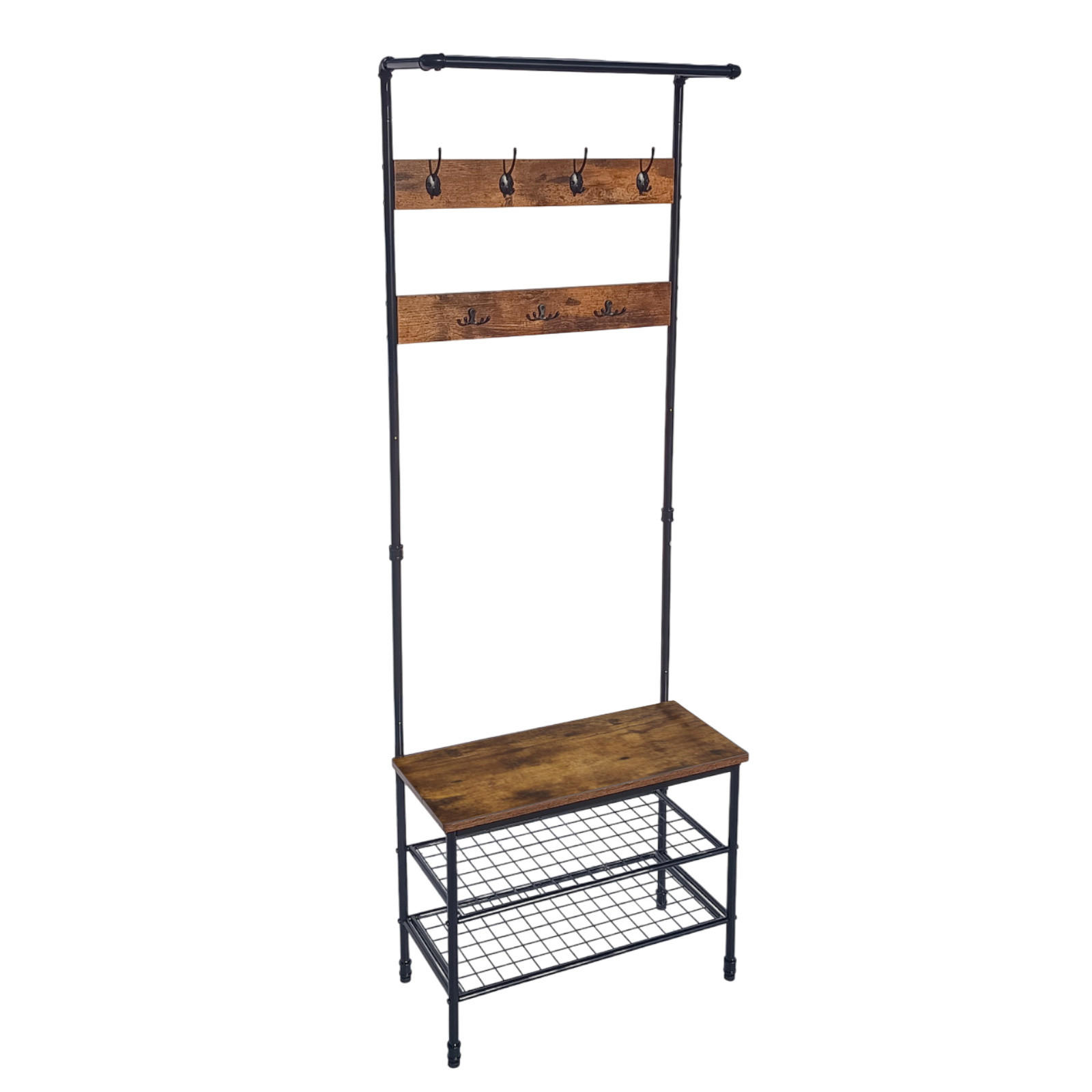 GARDEROBENSTÄNDER Metall Holzoptik Dunkelbraun Schwarz mit Bank 66×32×186 cm - Dunkelbraun/Schwarz, Holzwerkstoff/Metall (66/186/32.5cm) - Begryf