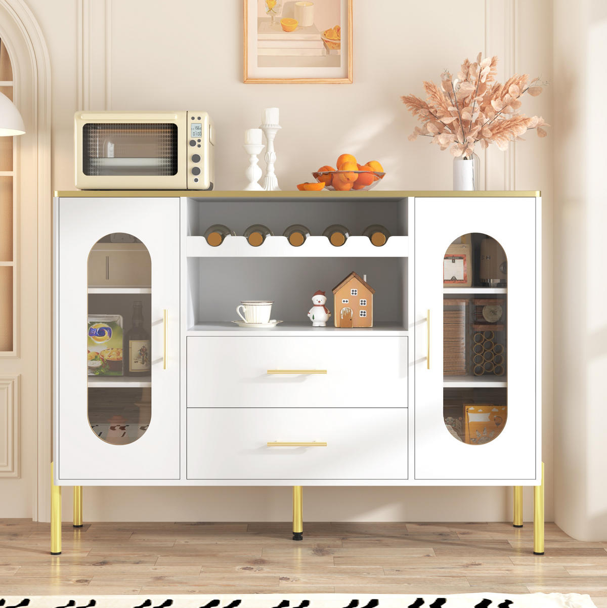 SIDEBOARD 120/38/90 cm mit Glastüren, Schubladen & Weinregal in Weiß - Weiß, Holzwerkstoff (120/90/38cm) - BEAOK