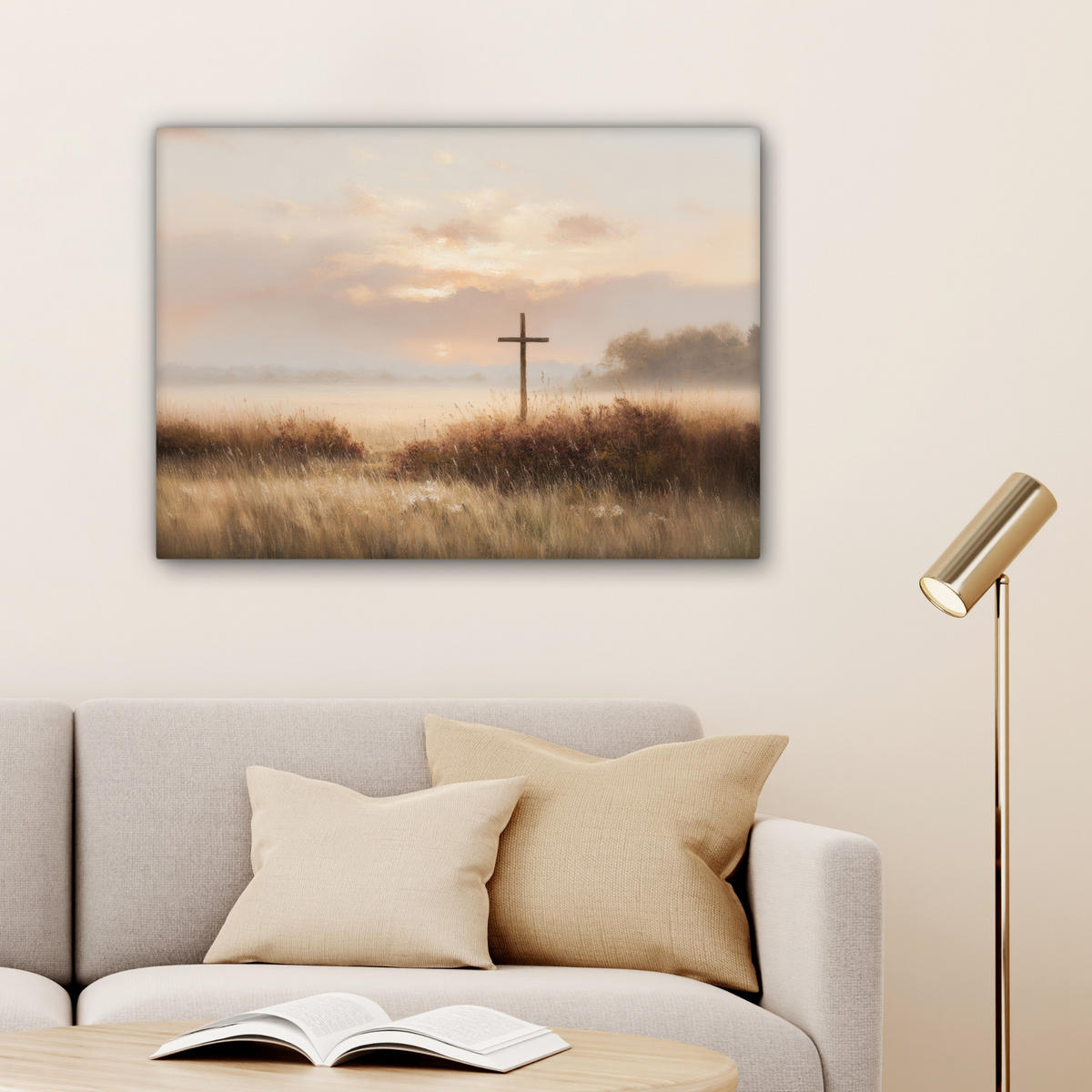 LEINWANDBILD Gras - Morgennebel - Kreuz - Christentum Wandbilder 80x60 cm - Beige, Textil (80/60cm) - MuchoWow