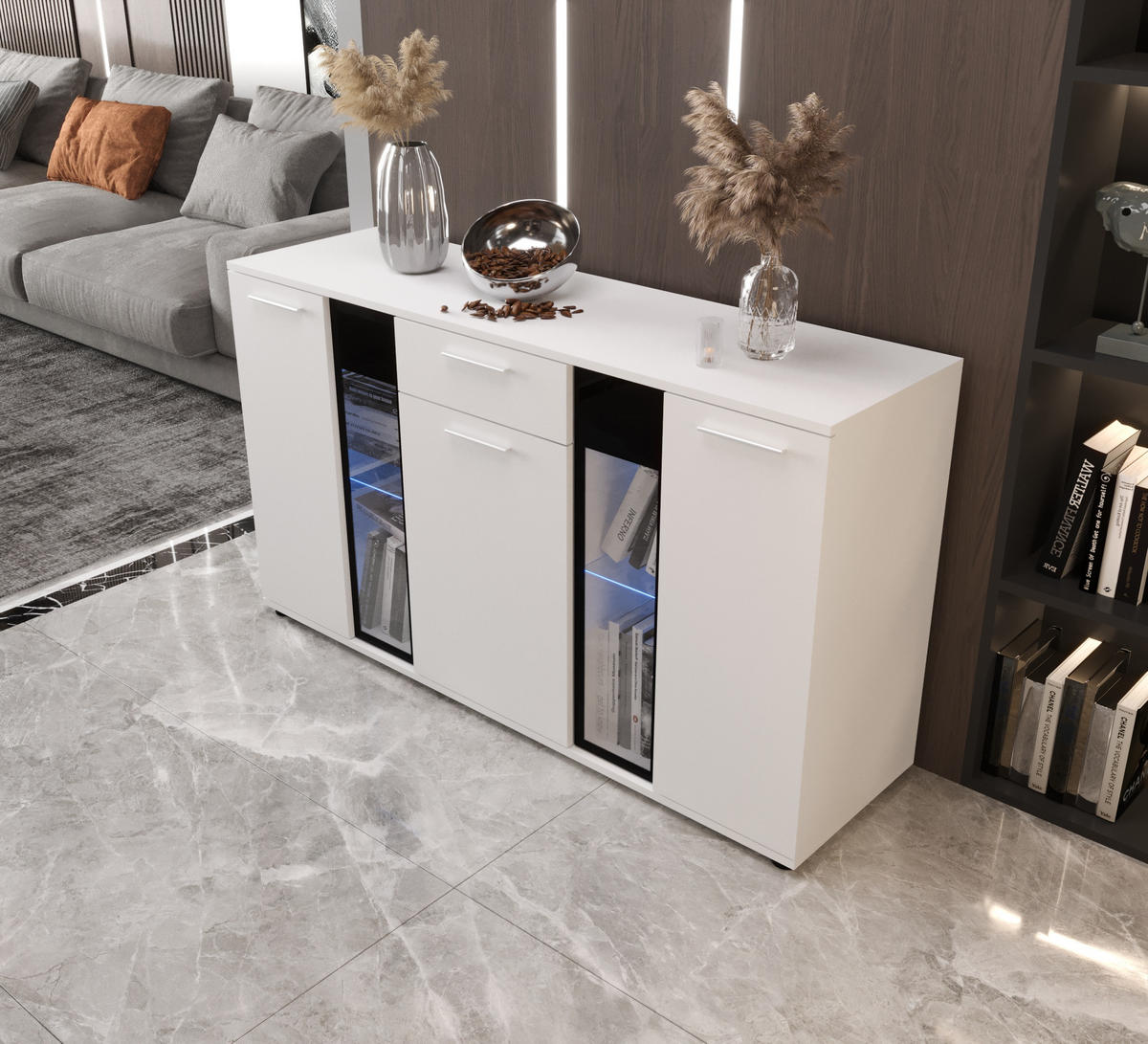 KOMMODE London LSK mit 3 Türen, Sideboard in Farbe: Weiß, Größe: 140 x 80 x 40 cm - Weiß, Holzwerkstoff (140/80/40cm) - O-Sofa