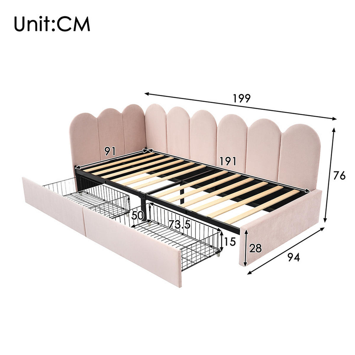 JUGENDBETT 90/190 cm in Rosa Samt - Pink, Holz/Textil (90/190cm) - KOMHTOM