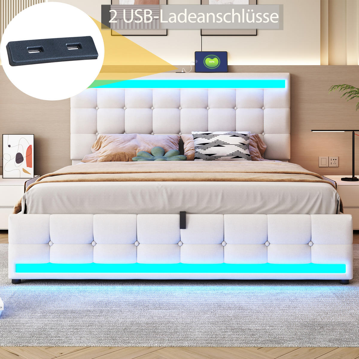 POLSTERBETT 180/200 cm Beige mit LED-Beleuchtung und USB-Anschlüssen - Beige, Textil (180/200cm) - OKWISH