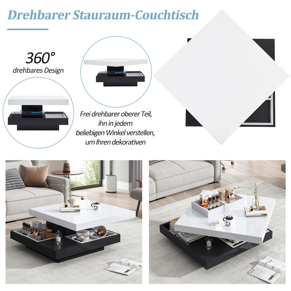 COUCHTISCH, Hochglanz-Tischplatte, 360° drehbar, weiß/schwarz, Spanplatte, 70/70/36 cm,weiß - Weiß, Holzwerkstoff (70/70/36cm) - Redom