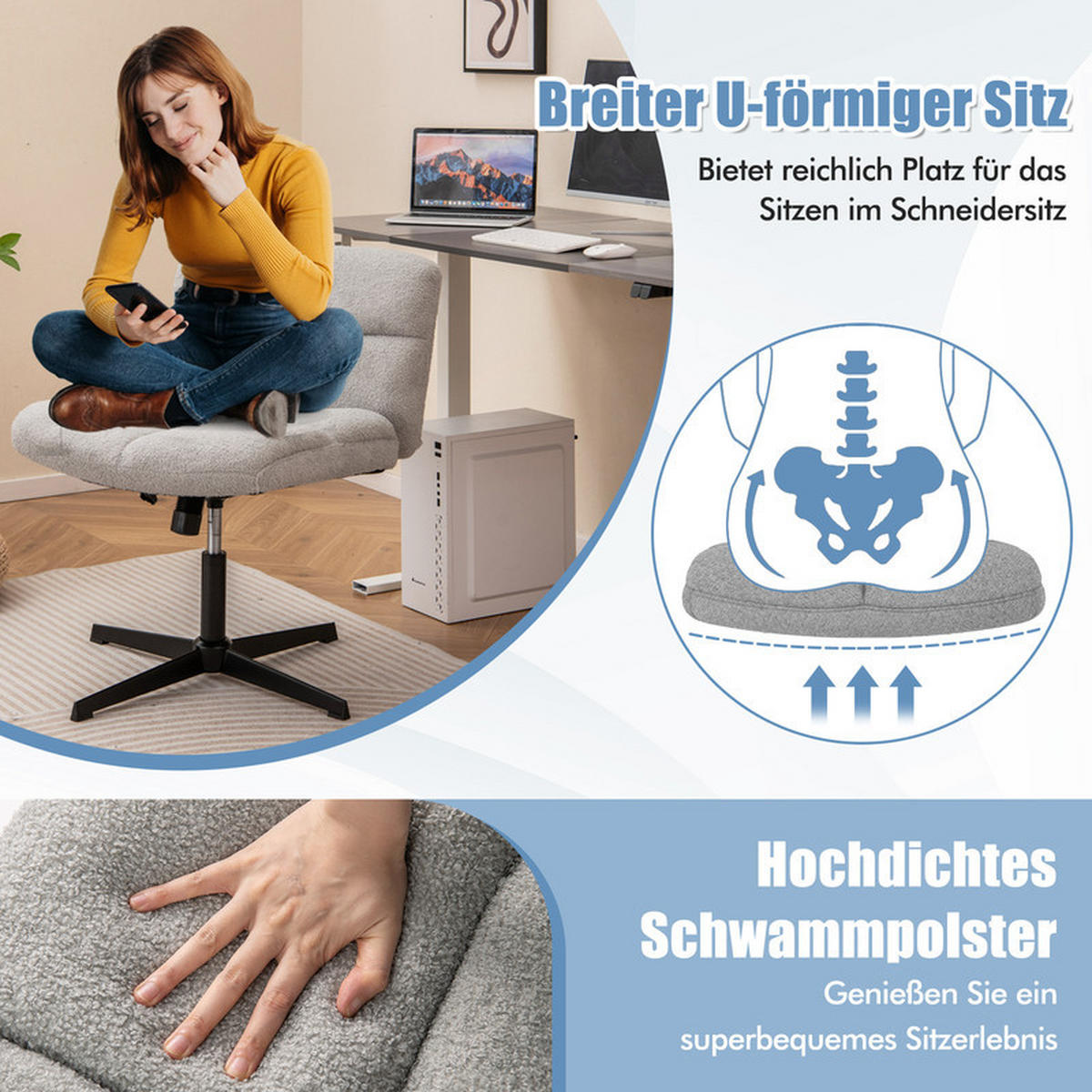 BÜROSTUHL Grau - Grau, Metall (73/78/64cm) - COSTWAY