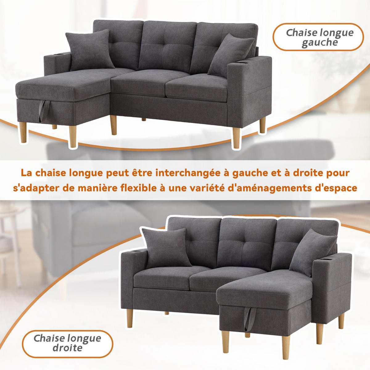 SOFA 3-Sitzer L-Form Chaiselongue Stauraum Kissen - Grau, Holz (129/175cm) - FLIEKS