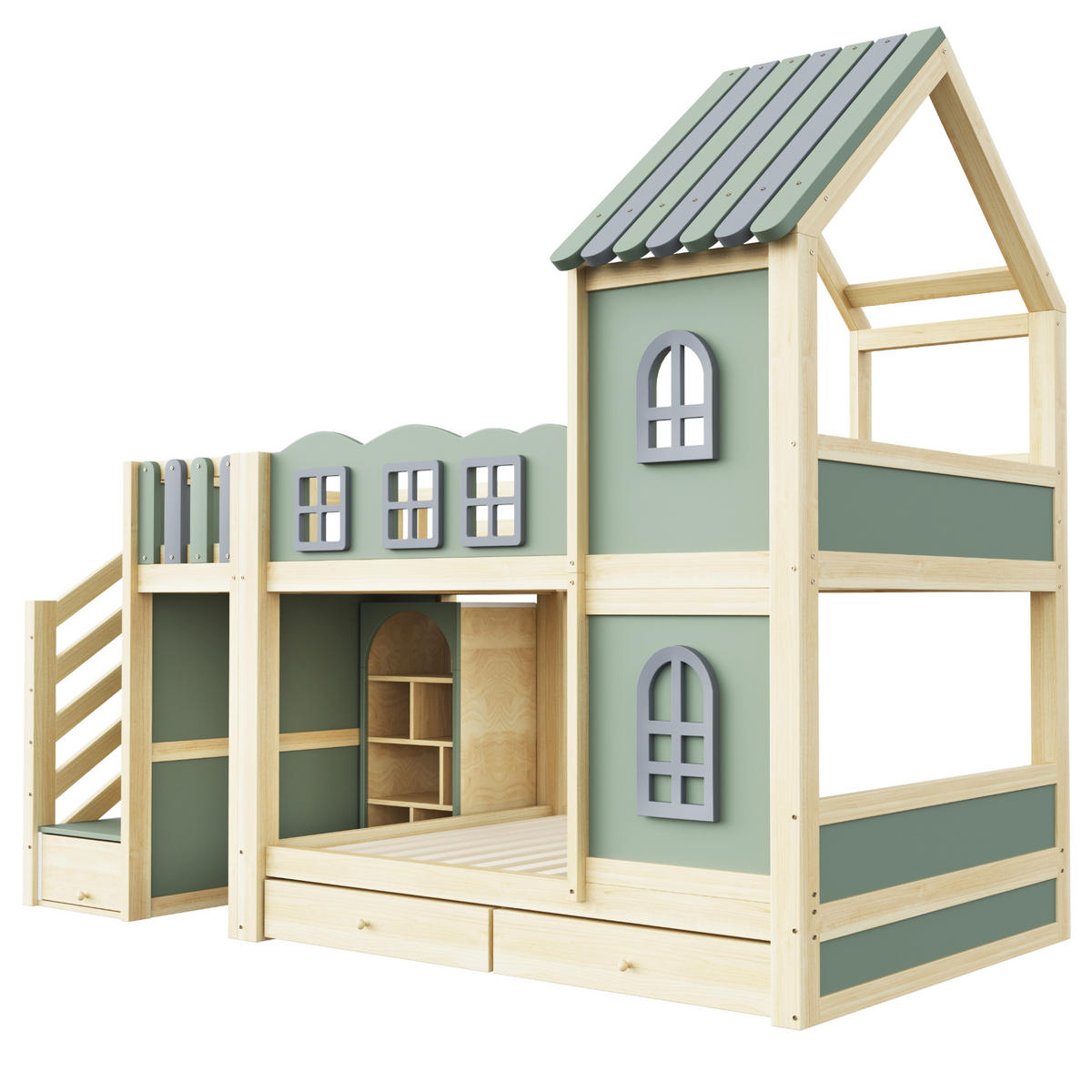 KINDER-ETAGENBETT 90x200cm Holz Wolkendesign Stauraum Grün - Grün, Holz (90/200cm) - FLIEKS