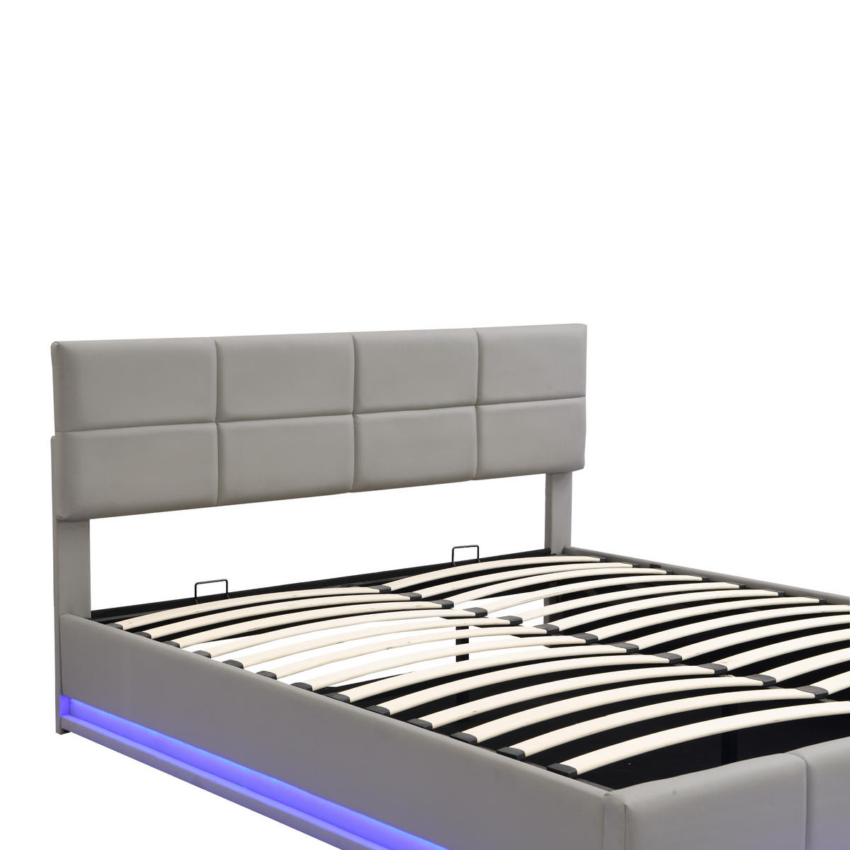 POLSTERBETT 180/200 cm Hellgrau mit LED-Beleuchtung und hydraulischem Bettkasten aus Kunstleder - Fango, Kunststoff (180/200cm) - OKWISH