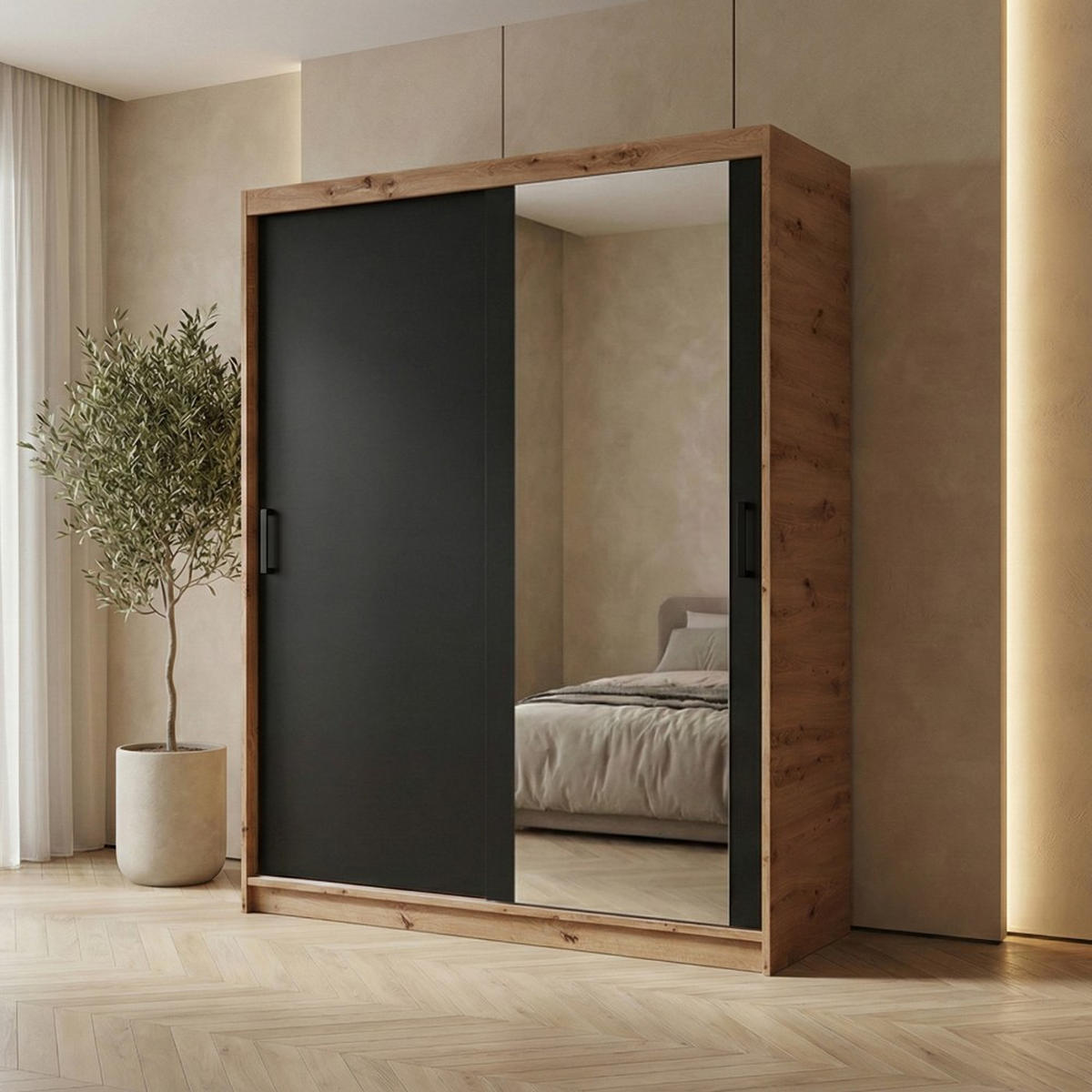 SCHWEBETÜRENSCHRANK Hela 160/205/60 2-türig eiche Artisan/schwarz mit Spiegel - Schwarz/Eiche Artisan, Holzwerkstoff (160/205/60cm) - Beautysofa