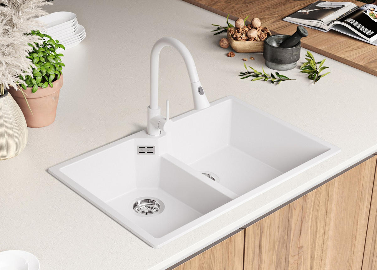 GRANITSPÜLE Madrid Twin, 2-er set Weiß 78/50 cm 2 Becken + Küchenarmatur 40/20 cm + Ablauf-Set ab 80er Unterschrank - Chromfarben/Weiß, Kunststoff (78/19/50cm) - Primagran