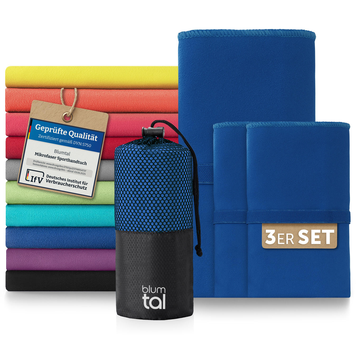 SPORTHANDTUCH microfiber 3er-Set , 180/90 cm & 2 x 80/40 cm, Blau - Blau, Textil (180/90cm) - Blumtal
