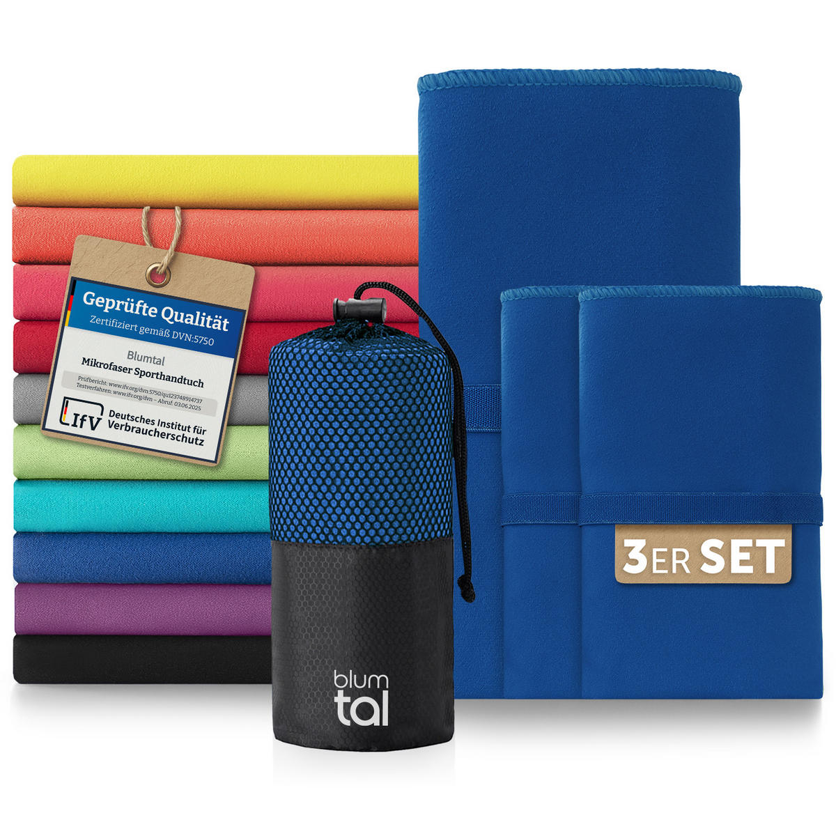 SPORTHANDTUCH microfiber 3er-Set , 180/90 cm & 2 x 80/40 cm, Blau - Blau, Textil (180/90cm) - Blumtal