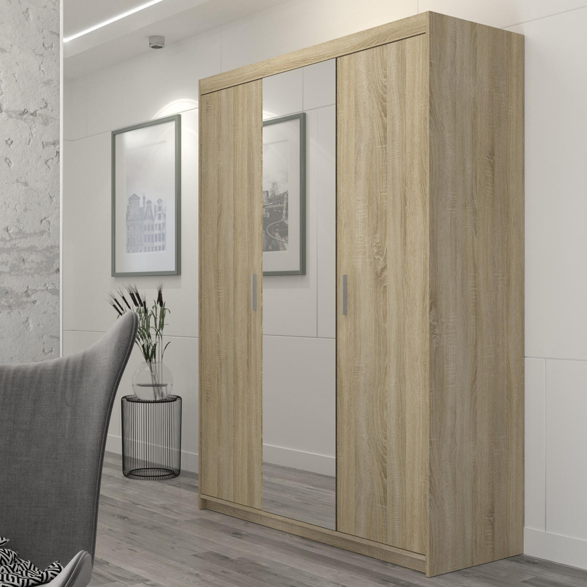 DREHTÜRENSCHRANK ELENORA 133/190,5/53cm 3-türig mit Spiegel Sonoma Eiche - Sonoma Eiche, Holzwerkstoff (133/190.5/53cm) - MASSENO