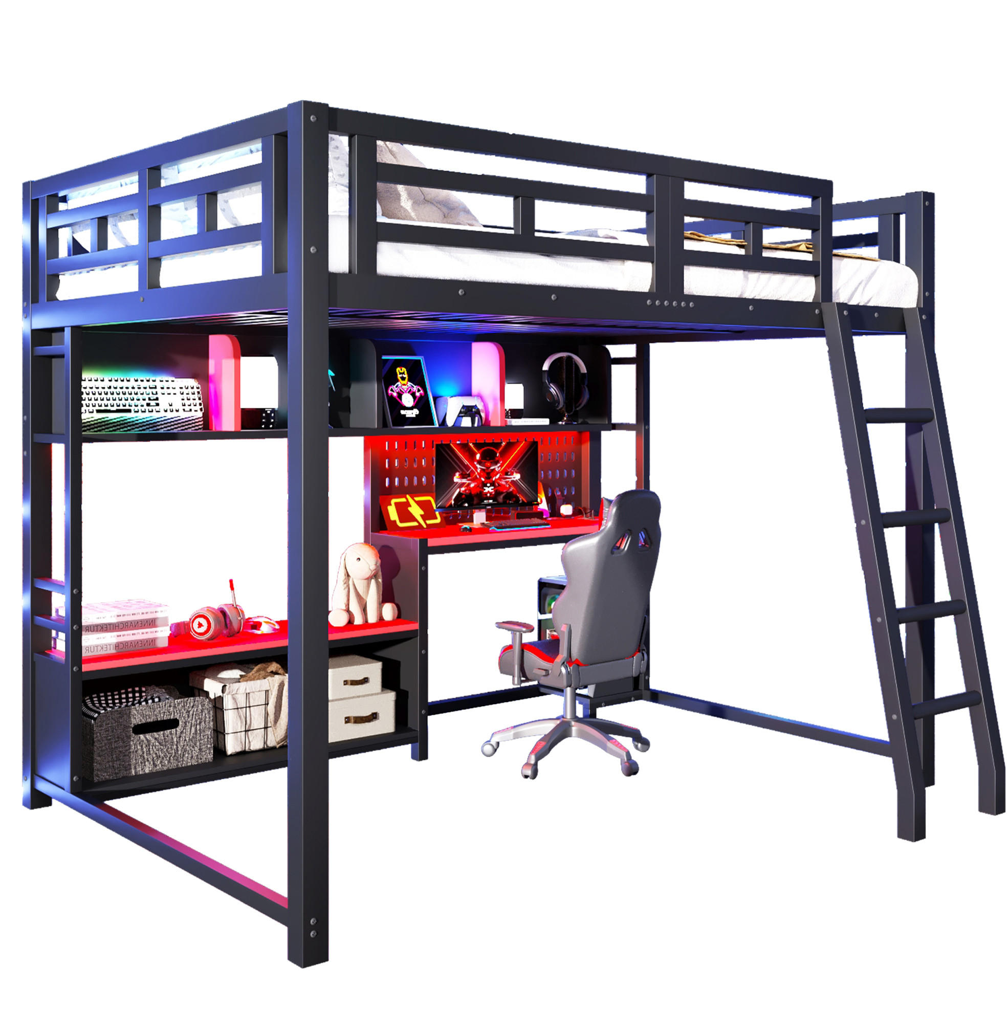 HOCHBETT aus MDF und Metall 140x200 cm Schwarz mit Schreibtisch, LED-Beleuchtung und Regalen - Schwarz, Holzwerkstoff (140/200cm) - Modfu