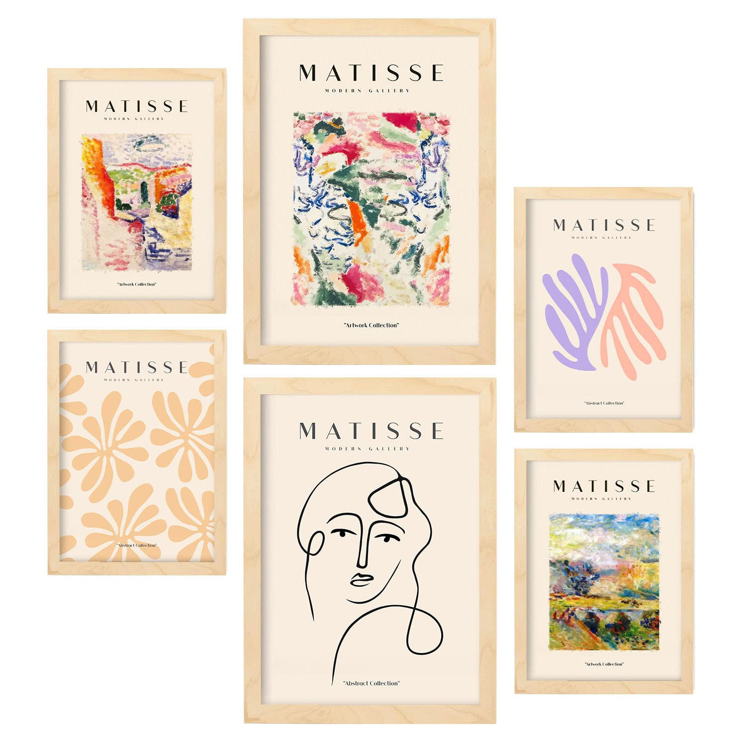 POSTER Set Mit 6 Henri Matisse Szene Drucke Des Fauvismus Und Der Abstrakten Kunst Für Innenarchitektur A3 & A4 Rahmen Aus Hellem Holz - Beige, Papier (29/3cm) - Nacnic