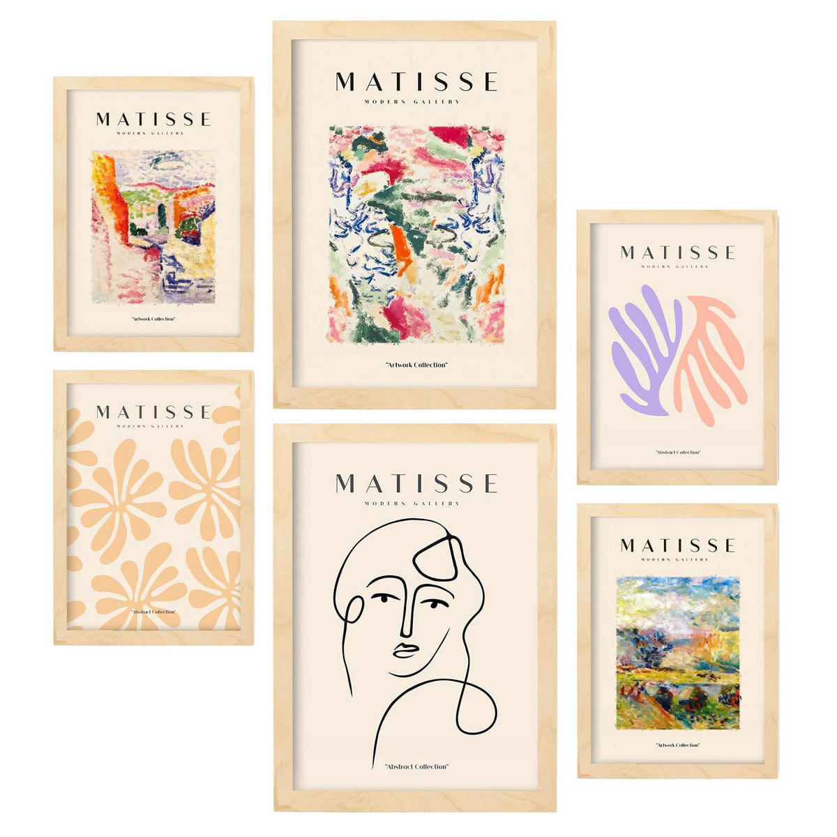 POSTER Set Mit 6 Henri Matisse Szene Drucke Des Fauvismus Und Der Abstrakten Kunst Für Innenarchitektur A3 & A4 Rahmen Aus Hellem Holz - Beige, Papier (29/3cm) - Nacnic