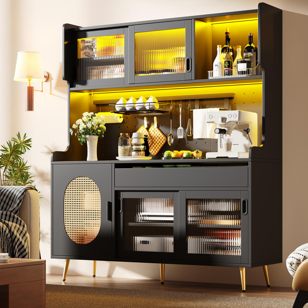 BUFFETSCHRANK 145/39/171 cm schwarz aus MDF mit LED-Lichtleiste - Schwarz, Holzwerkstoff (145/171/39cm) - OKWISH