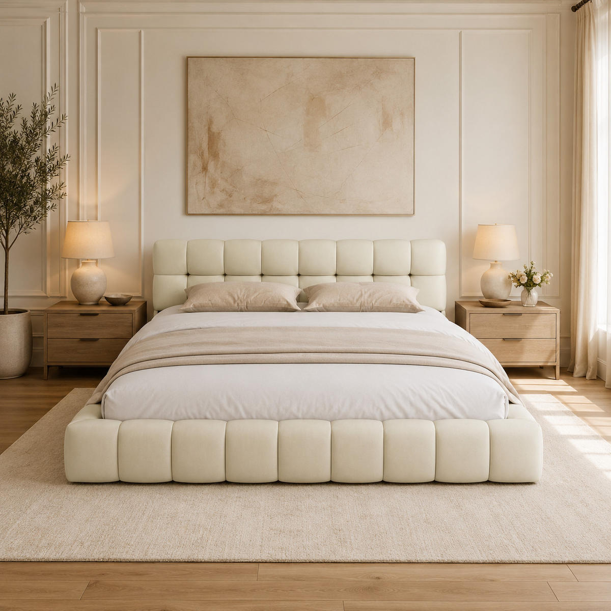 POLSTERBETT 140/190 cm in Beige, Puff Stoffbett mit gepolsterter Rahmen, modernes Schlafzimmer Bettgestell - Beige, Holz/Metall (140/190cm) - Joyfair