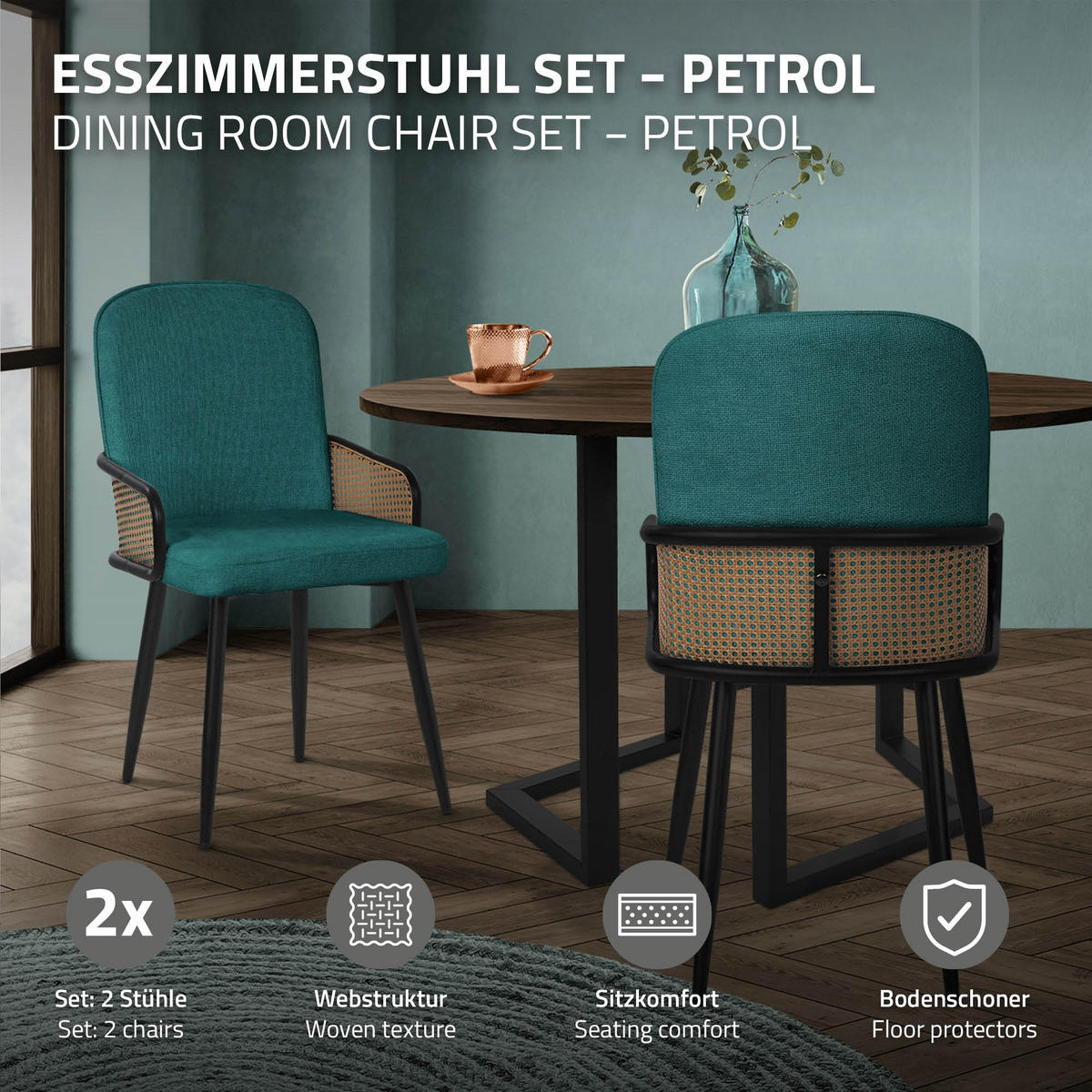 JÍDELNÍ ŽIDLE, sada 4 ks, petrolová barva, s látkovým potahem v ratanovém vzhledu - černá/petrolejová, kov/textil (51/91/61cm) - ML-DESIGN
