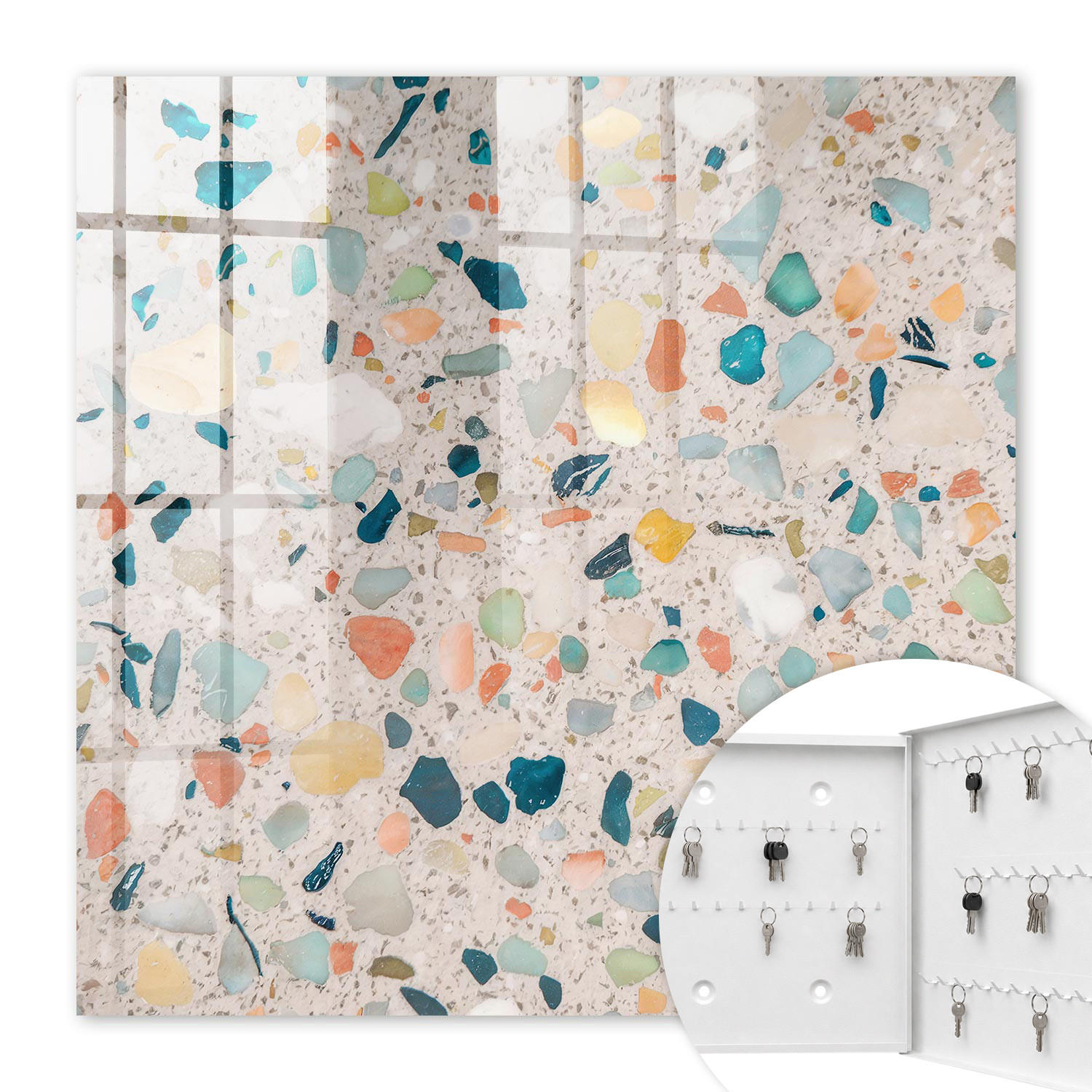 SCHLÜSSELBOX Weiß 30x30 cm – Türöffnung nach rechts - Farbenfrohes Mosaik - Beige, Metall (30/30/5cm) - TULUP