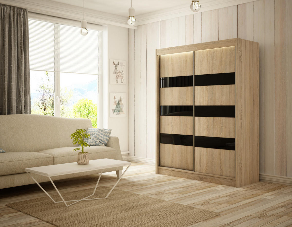 KLEIDERSCHRANK SOLTI mit LED - 120 cm - Sonoma Eiche|Schwarz - Schwarz/Sonoma Eiche, Holzwerkstoff (120/215/61cm) - ALTDECOR
