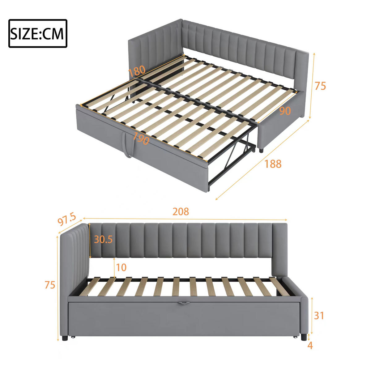 POLSTERBETT 90/180 cm grau aus Samt mit ausziehbarem Bett - Grau, Textil (90/180cm) - OKWISH