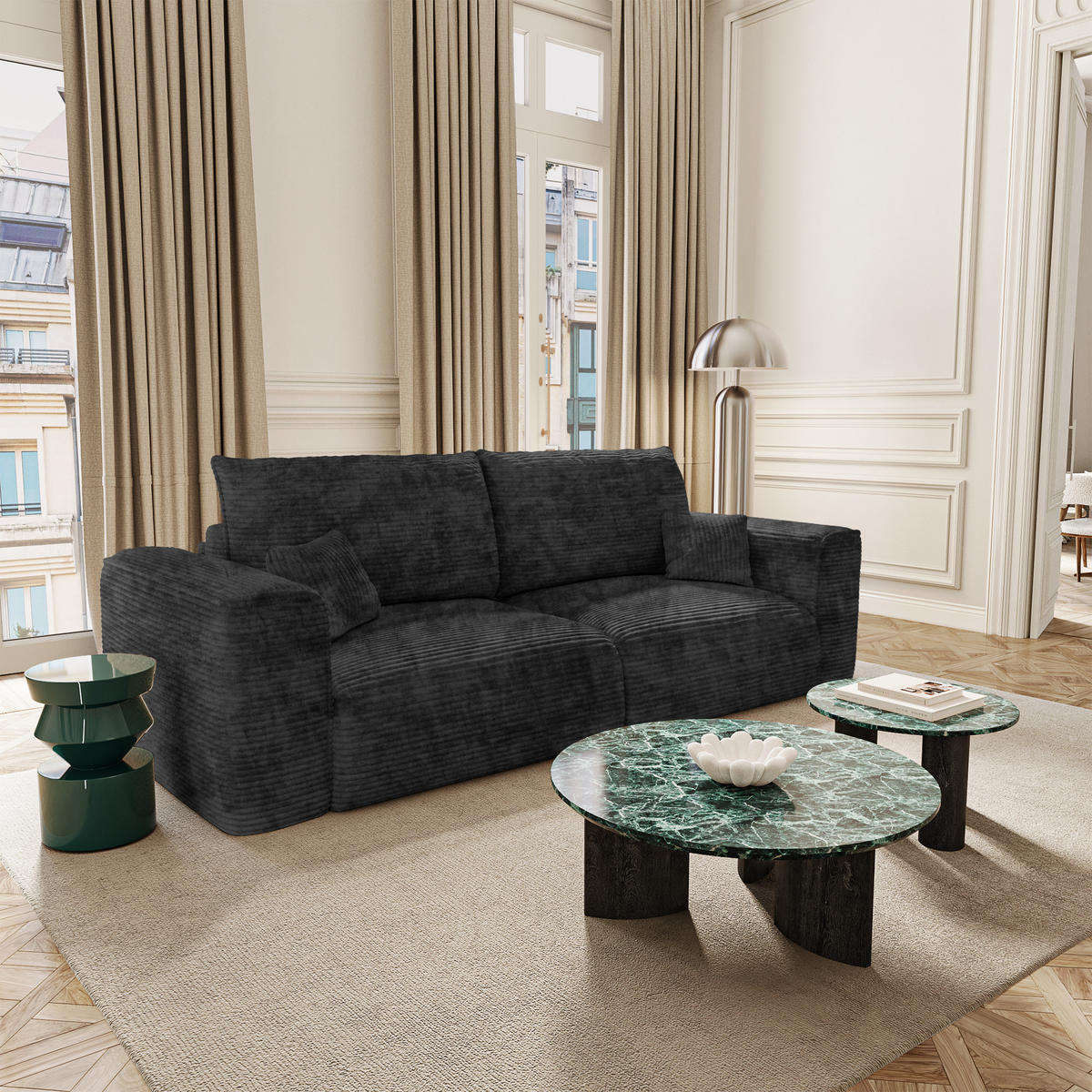 SCHLAFSOFA mit Stauraum COMO Cord Schwarz 254cm - Schwarz, Textil (254/78/95cm) - Premium Interiors