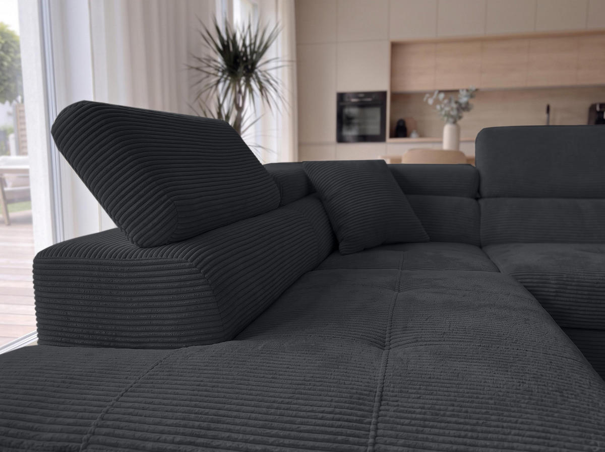 ECKSOFA L Form Konak Schwarz 276/201/90 cm Links mit Schlaffunktion - Silberfarben/Schwarz, Textil/Metall (203/276cm) - AX Living