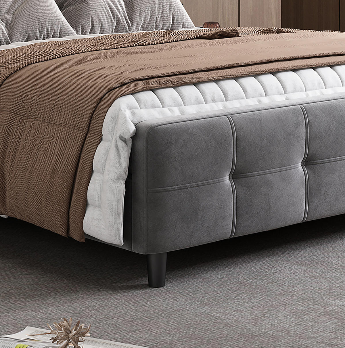 ČALÚNENÁ posteľ z zamatu 140x200 cm sivá s 16-farebným LED osvetlením, prešívaným čelom a nastaviteľným čelom - sivá, textil (140/200cm) - Modfu