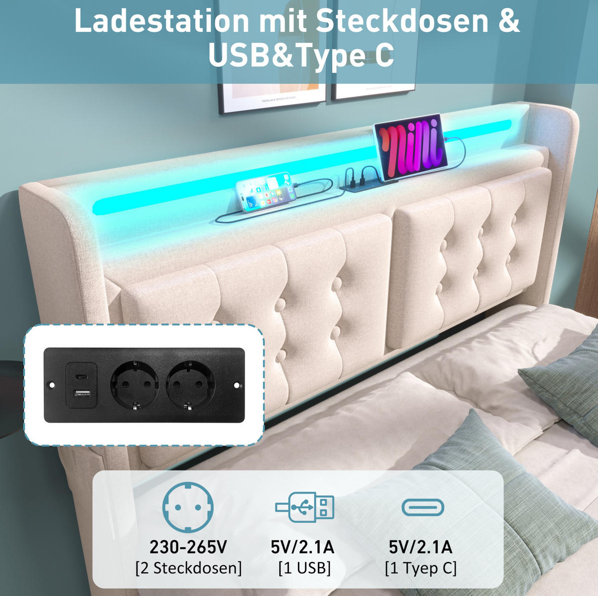 POLNJENA postelja iz bombažno-linen tkanine 140x200 cm bež z LED osvetlitvijo, USB-C priključkom in dvižnim predalom - bež, tekstil (140/200cm) - Modfu