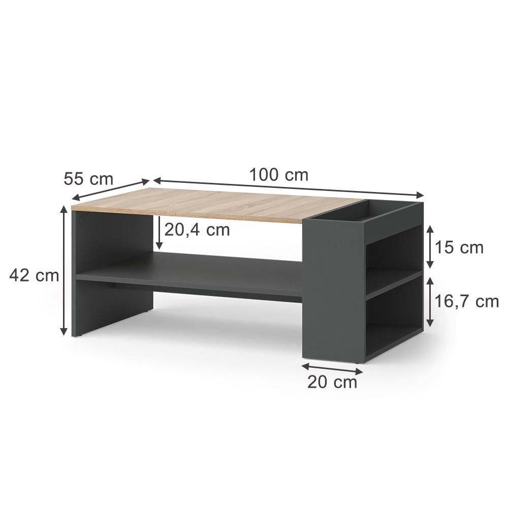 COUCHTISCH Wido Anthrazit/Sonoma 100 x 55 cm mit Regalen - Anthrazit, Holzwerkstoff (55/100/42cm) - Vicco