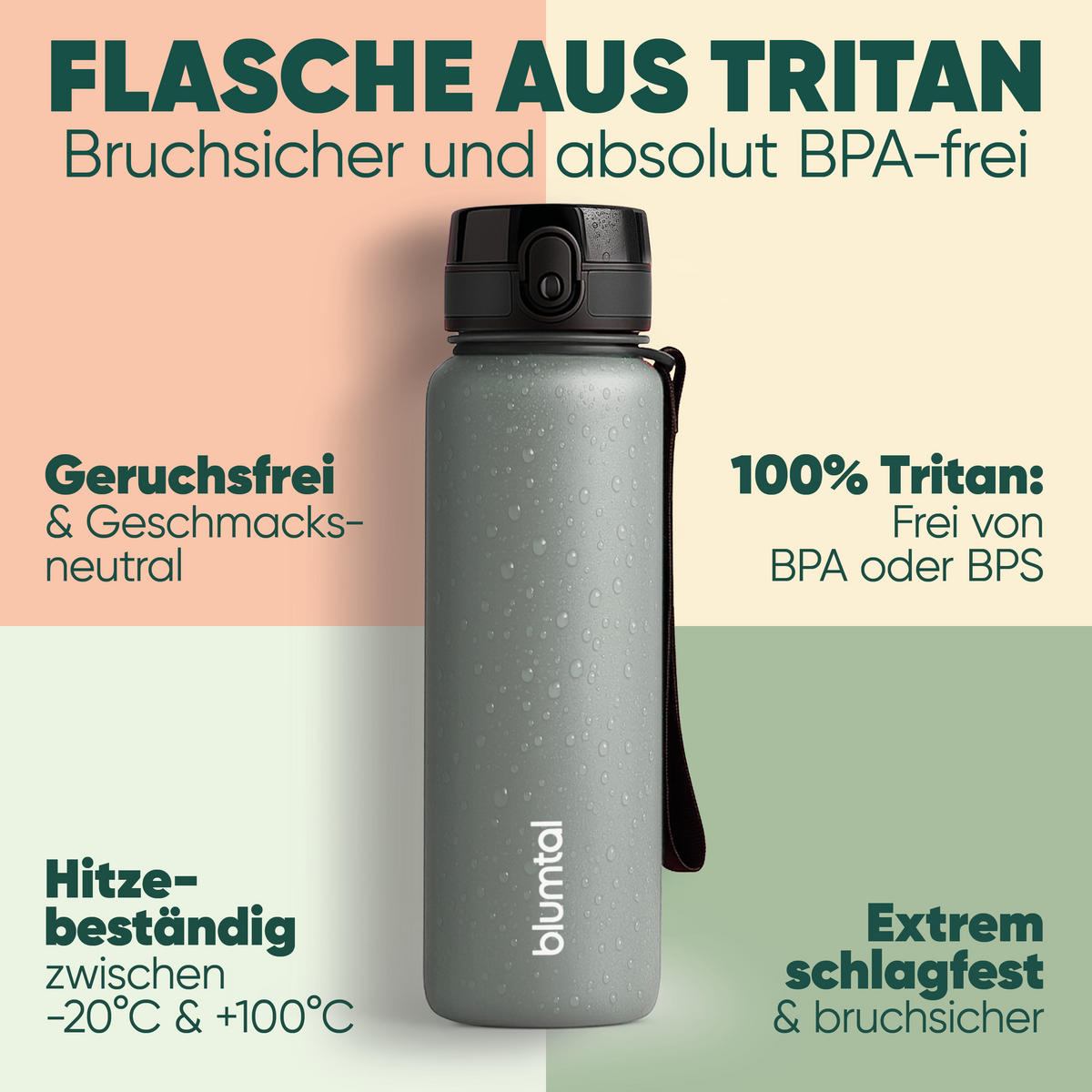 TRINKFLASCHE 1L - auslaufsichere - 1-Klick-Verschluss - BPA - freie - Grau - Grau, Kunststoff (1L) - Blumtal