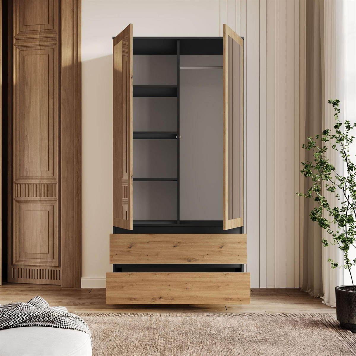 SCHRANK HANA SS-90 mit Spiegel Artisan Eiche / Anthrazit - Eiche Artisan, Holzwerkstoff (90/180/50cm) - Lookway