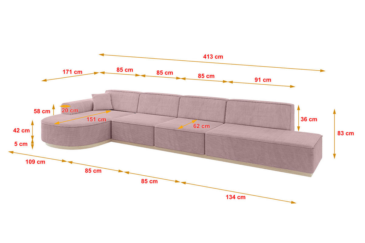 ECKSOFA Ottomane Links ARRIO-L3 - 413x171x83 cm Rosa - Rosa, Holzwerkstoff/Textil (413/171cm) - ALTDECOR