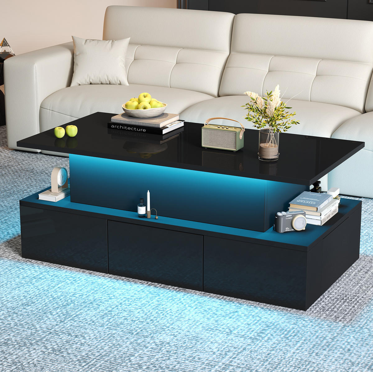 KONFERENČNÍ stolek 100/50/40 cm černý z MDF s LED, výklopnou deskou a úložným prostorem - barva dubu, kompozitní dřevo (100/50/40cm) - OKWISH