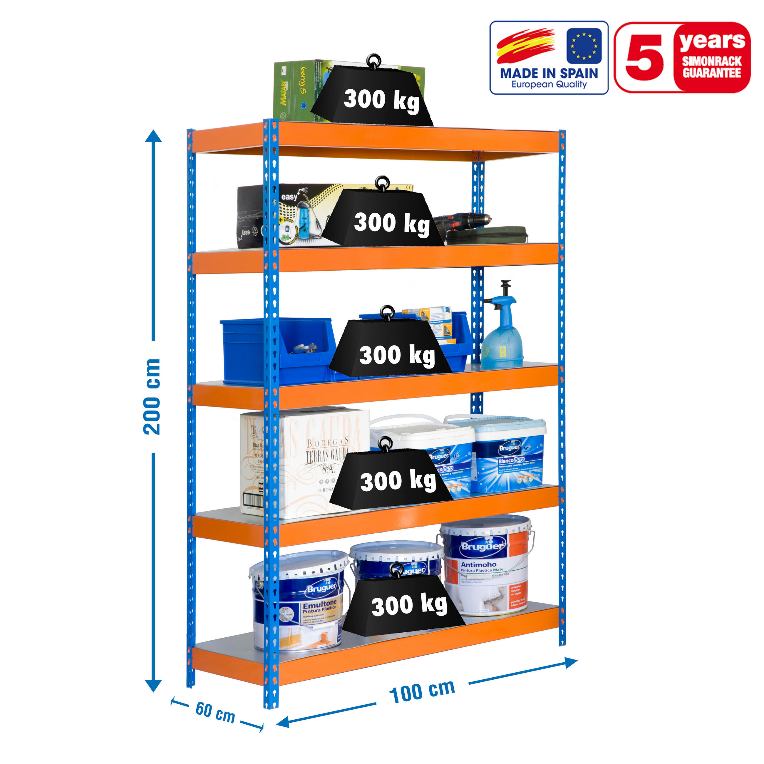 SCHWERLASTREGAL METAL YETI LIGHT FIVE | HxBxT 200x100x60cm | Fachlast 300kg | Blau-Orange - Gelb, Metall (100/200/60cm) - PROREGAL