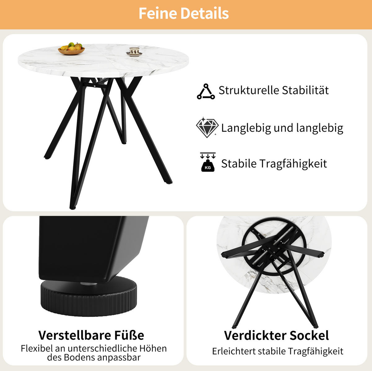 ESSTISCH Rund 100/100/76 cm Schwarz aus MDF in Marmoroptik mit Metallgestell - Schwarz, Holzwerkstoff (100/100/76cm) - OKWISH