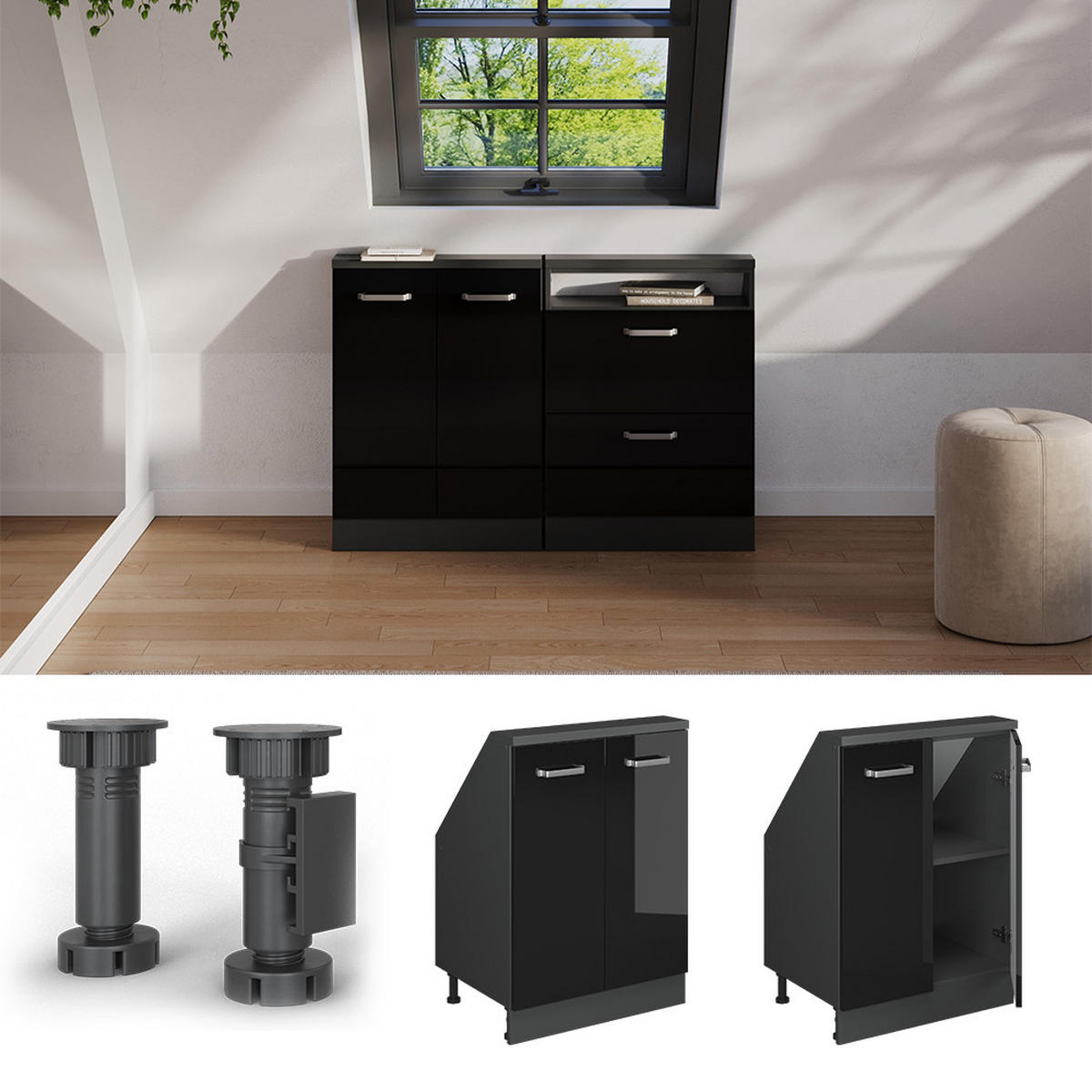 KUCHYŇSKÁ SKŘÍŇKA POD ŠIKMOU STŘECHU R-Line Vysoce lesklá černá/antracitová - černá/antracitová, kompozitní dřevo (60/81.6/46cm) - Vicco